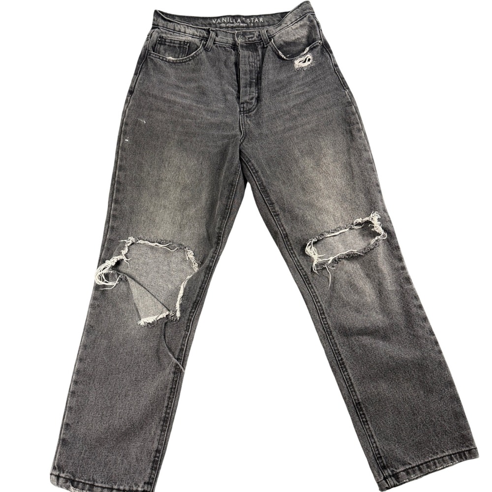 Vanilla Star 90s Straight Leg Jeans Washed Black Distressed‎ Button Fly Size 9